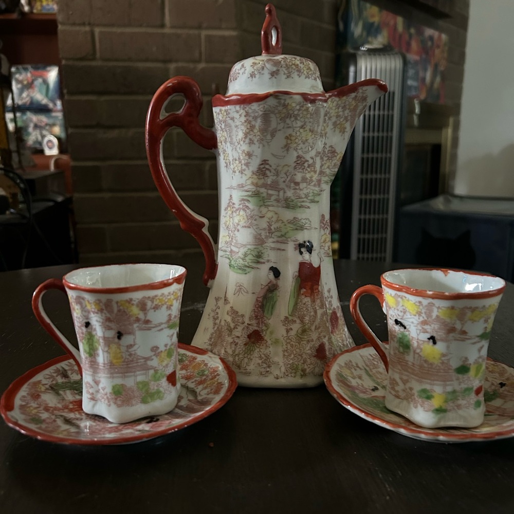 Red and White Ceramic Floral Tea Set